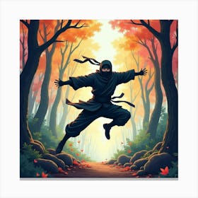 Ninja Fighter Leaping Through A Vibrant Watercolor Forest 1 Canvas Print