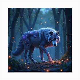 A Majestic Wolf With Fur Made Of Cosmic Nebulae Prowling Through A Starlit Forest 1 Canvas Print