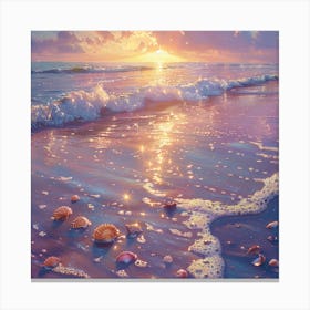 Seashells on Sparkling Sunset Beach Canvas Print