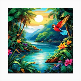 Ai Art With Lush Jungle Landscapes Serene Beaches With Gentle Tropical, pic cell art, good flowers, nice colors, flowers, trees, digital art of nature, wall art of birds, wall art of flowers, wall art of greenery Wave, Canvas Print