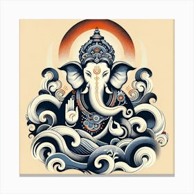 "Oceanic Omnipotence: Lord Ganesha's Serene Dominion" - In this art piece, Lord Ganesha is rendered with a powerful serenity, emerging from oceanic waves that symbolize the flow of life's challenges. The warm halo and the cool, swirling waters around him create a striking contrast, highlighting his role as the remover of obstacles and master of intellect. The use of traditional motifs in a fluid, contemporary style bridges the ancient and the modern, making this piece perfect for spaces that celebrate both spiritual depth and artistic innovation. Canvas Print