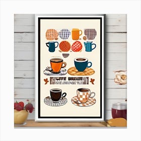 Coffee Breakfast Illustration, Colorful Wall Art, Checkerboard Illustration, Printable Art, Kitchen Art Print, Breakfast at Cafe Poster Canvas Print