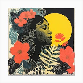 Risograph Style Abstract Girl & Flowers Canvas Print