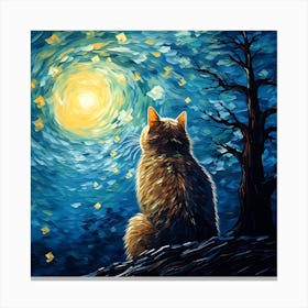 Moonlit Night, Van Gogh Inspired Cat Art Print Canvas Print