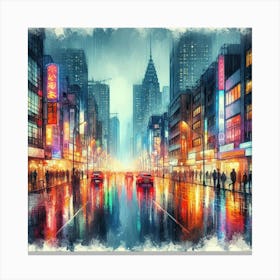 Rain Soaked Cityscape With Neon Lights Reflecting On Wet Pavement (3) Canvas Print