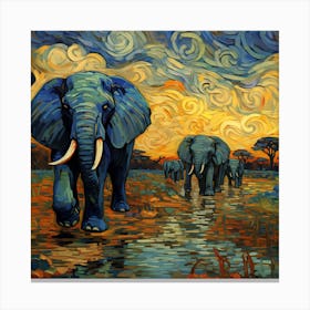 Elephants At Sunset Canvas Print