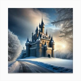 Castle in the snow with glowing lights in the sky Canvas Print