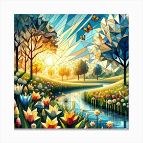 Tulips And Butterflies Geometric Canvas Print