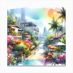 Watercolor Of A Tropical City Canvas Print