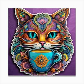 Cat With A Cup Of Coffee Whimsical Psychedelic Bohemian Enlightenment Print 2 Canvas Print