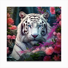 White Tiger With Flowers Canvas Print