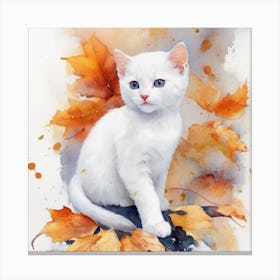 White Cat With Autumn Leaves Canvas Print