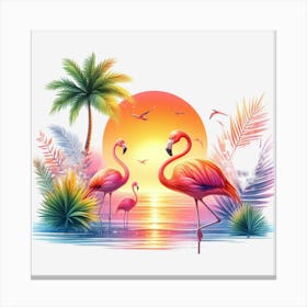 Flamingos At Sunset Canvas Print