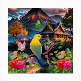 house with flowers and birds  Canvas Print