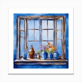 Blue wall. Open window. From inside an old-style room. Silver in the middle. There are several small pottery jars next to the window. There are flowers in the jars Spring oil colors. Wall painting.8 Canvas Print