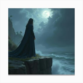 Gothic Sorceress With A Flowing Cape Standing On A Cliff Overlooking A Storm 1 Canvas Print