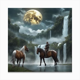 Two Horses By A Waterfall Canvas Print