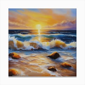 The sea. Beach waves. Beach sand and rocks. Sunset over the sea. Oil on canvas artwork.2 Canvas Print