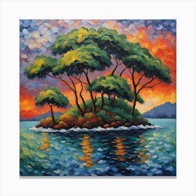 Island Oasis: Mystery Island, Sunset Hues, and Verdant Canopies Canvas Print