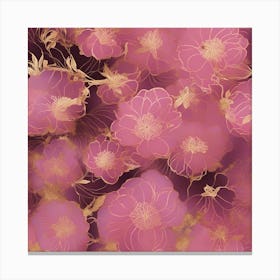 Seamless Pattern Of Elegant Japanese Floral Motifs In Pink, Adorned With Gold Lines Canvas Print