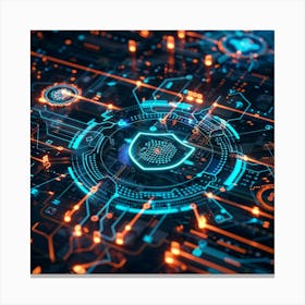 A Futuristic Representation Of Ai Cybersecurity, A Glowing Shield Icon And Ai Neural Patterns In De001d And 007cc3, Surrounded By Data Streams And Binary Codes, Dark Cyber Background With Glowing Monitors, Intense Contrast And Shar Canvas Print