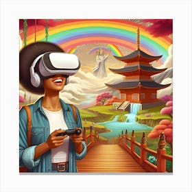 A Happy Woman Wearing A Vr Headset In A Shangri La With A Rainbow, Digital Art 4 Canvas Print