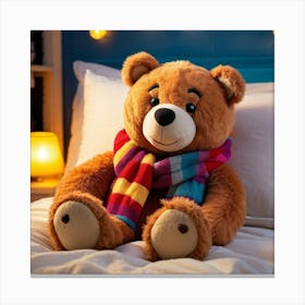 Cartoonish Bear Adorned With A Vibrant Scarf Nestled In An Over Sized Bed Plush And Fluffy Captur Canvas Print