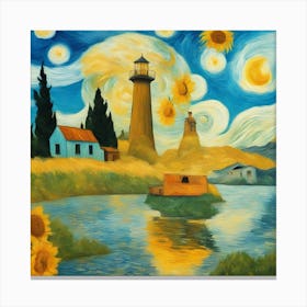 Fischerboot und Leuchtturm in einer kleinen Bucht Canvas Print