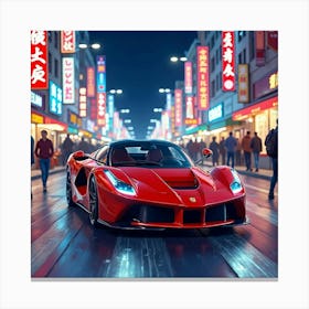 A Ferrari On A Watercolor City Street With Neon Lights And Bustling Crowds 1 1 Canvas Print