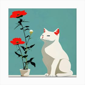 White Cat With Red Flowers Canvas Print