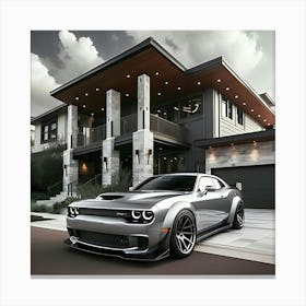 Silver Grey Dodge Hellcat With Full Body Kit In Front Of Modern House 4 Canvas Print