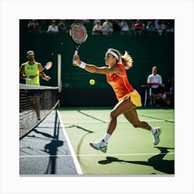 Tennis Match Captured In Mid Action Players Frozen Mid Swing With Rackets Poised To Strike Sunligh (3) Canvas Print