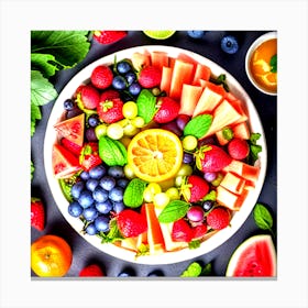 Assorted fruit platter with ripe, juicy strawberries, sweet grapes, tangy citrus, and juicy watermelon, set on a bed of greens and accented with mint leaves, high resolution, vibrant, natural Canvas Print