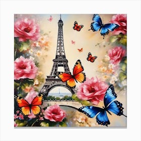 Paris With Butterflies And Roses Canvas Print