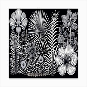 A black and white drawing of flowers and leaves. Canvas Print