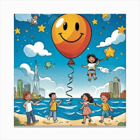 Cartoon Illustration Of A Hand Drawn Balloon Adorned With A Happy Face Floating Over A Bustling Beac (5) Canvas Print