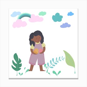 Rainbow Clouds And Plants Illustration Square Canvas Print