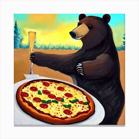 Bear Eating Pizza And Drinking Painting Canvas Print