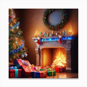 Christmas Tree In Front Of Fireplace 8 Canvas Print