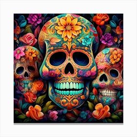 Maraclemente Many Sugar Skulls Colorful Flowers Vibrant Colors 12 Canvas Print