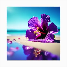 Blue Sea on the Beach with Purple Hibiscus Flower 1 Canvas Print