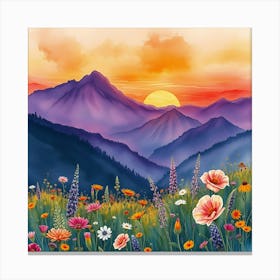 Watercolor Of Mountains And Flowers 1 Canvas Print