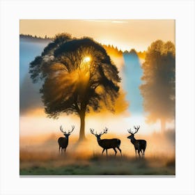 Deer In A Misty Morning Meadow 1 Canvas Print