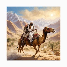 An artistic painting of a Muslim fighter riding a camel in a beautiful and picturesque scene Canvas Print