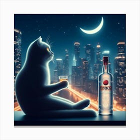 Cat Drinking Vodka At Night Canvas Print