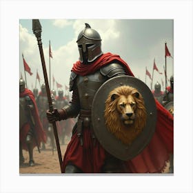 A Warrior Holding A Shield With A Lion Crest In Battle 1 Canvas Print