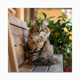 Cat Sitting On A Wooden Bench Canvas Print