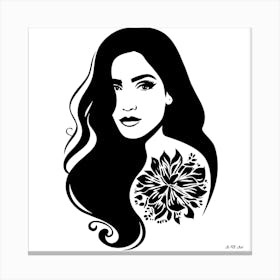 Beautiful Women With A Flower Tatoo - Black And White Minmimalistic Illustration Canvas Print
