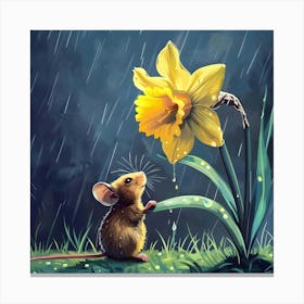 A Delicate Shelter - Mouse & Daffodil In The Rain Canvas Print