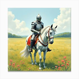 Noble Knight In A Peaceful Meadow With Blooming Flowers, Watercolor 1 Canvas Print